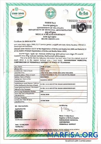 Printable India Department of municipal administration of Telangana death certificate example